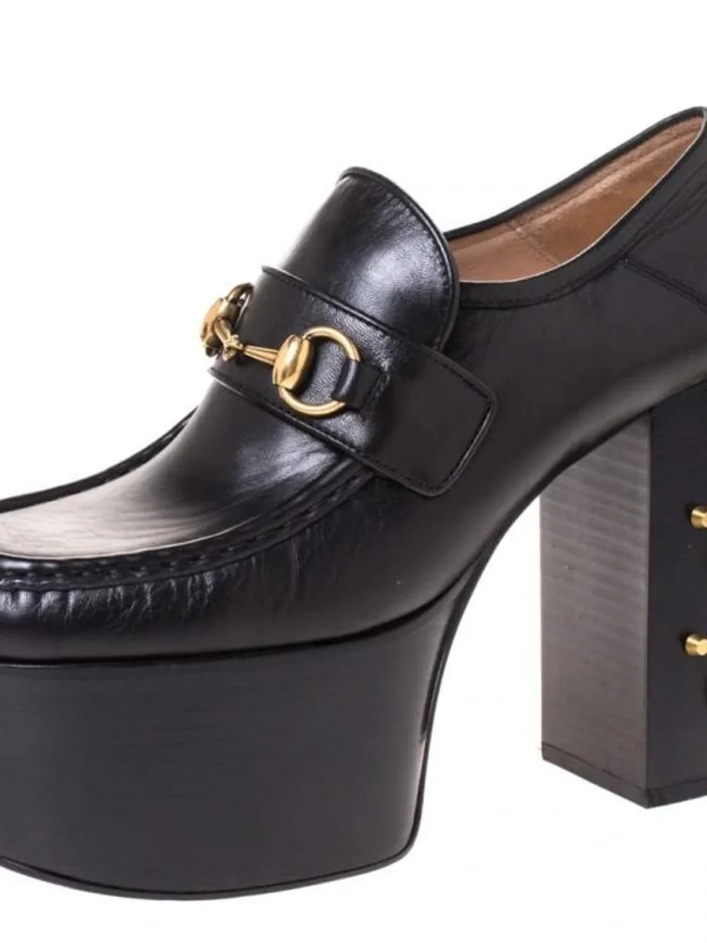 Gucci Black Leather Platform Loafers with Gold Hardware and Pearl Heel Size 38